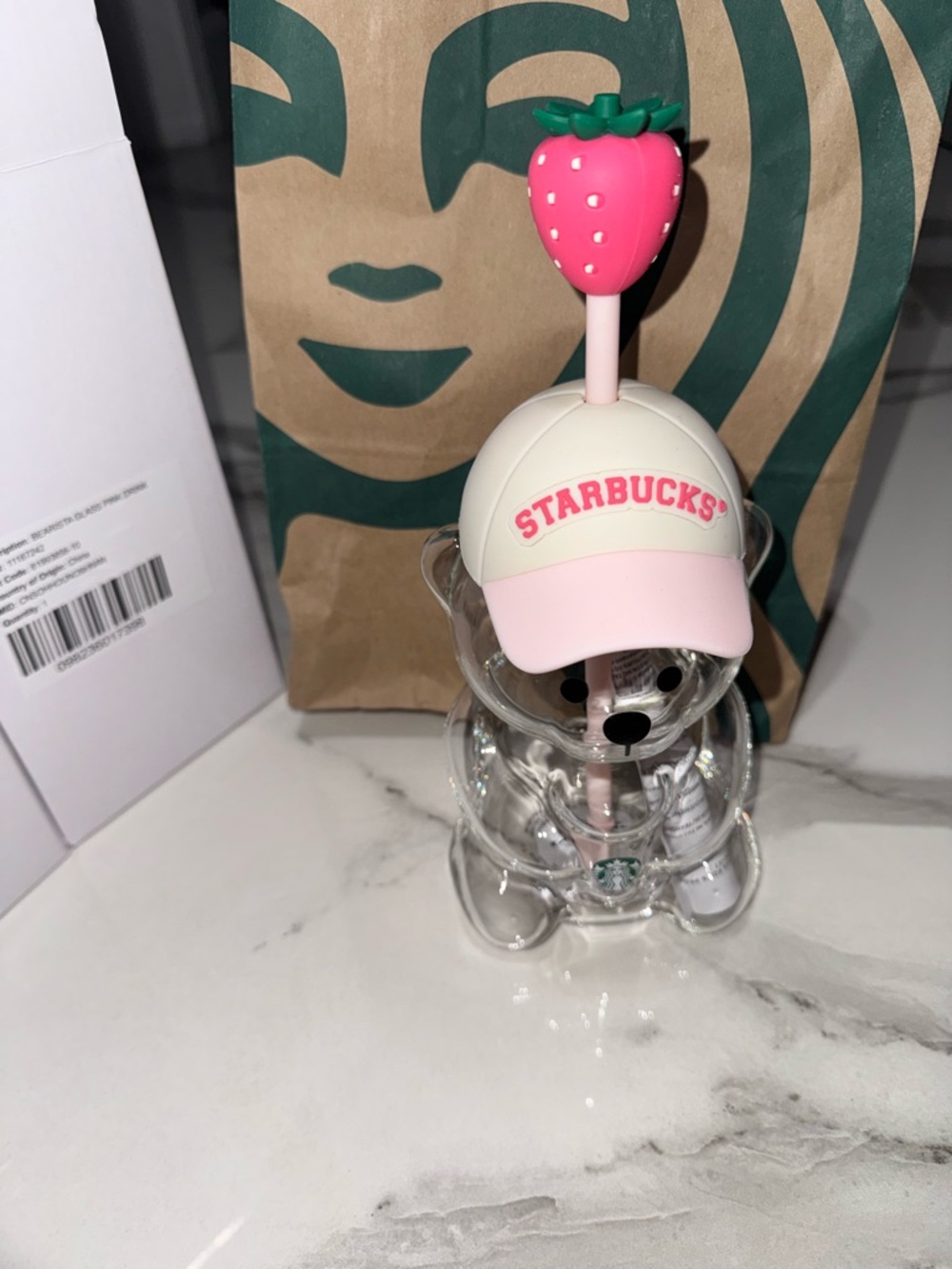 Starbucks Clear Bear Straw Cup with Pink Strawberry Top - Picture 5 of 5